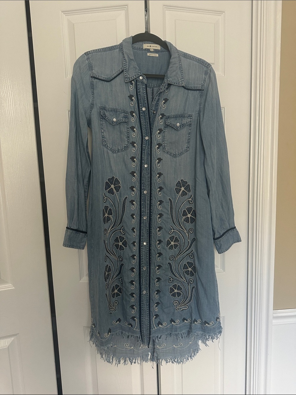Embroidered Light Blue Denim Button-Down Shirt Dress